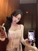 Pink Patchwork Square Neck Long Sleeve Slim Fit T-Shirt for Women - Autumn/Winter Style