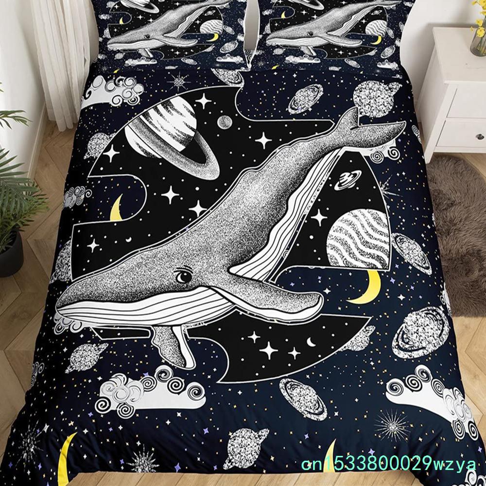 Katze Bettbezug Set Aquarell Wal Fischen Bettwäsche Set Ozean Meereswelle Bettdeckenbezug Marine Nautisch Themen Tagesdecke Bezug