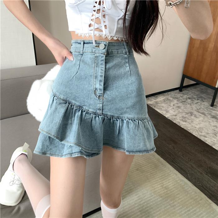 Mini-jupes courtes en Denim pour femmes, grande taille, taille haute, à volants, queue de poisson, jupe plissée, Sexy, taille élastique, été