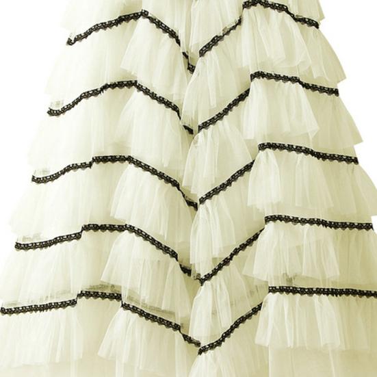 Women Skirt High Waist A-line Big Swing Ruffle Contrast Color Scattered Hem Pleated Patchwork Princess Style Elastic Waist Ankle Length Maxi Skirt