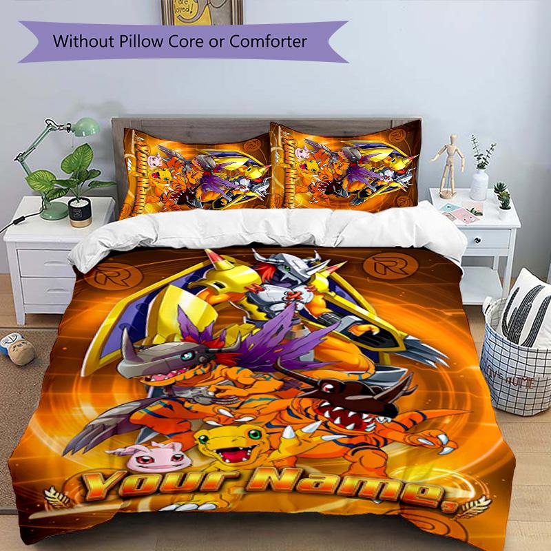 3pcs Digimon Cover Set - Personalized Name, HD Printed Bedding with 1 Cover and 2 Pillowcases - Perfect for Home Decor, Easy Care