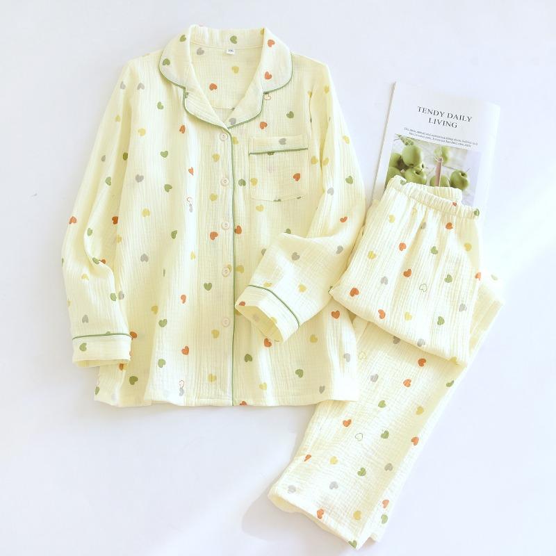2026 New Women's Spring and Autumn Pajama Set 100% Cotton Crepe Soft Thin Long Sleeve Long Pants Home Clothes Two Piece Set