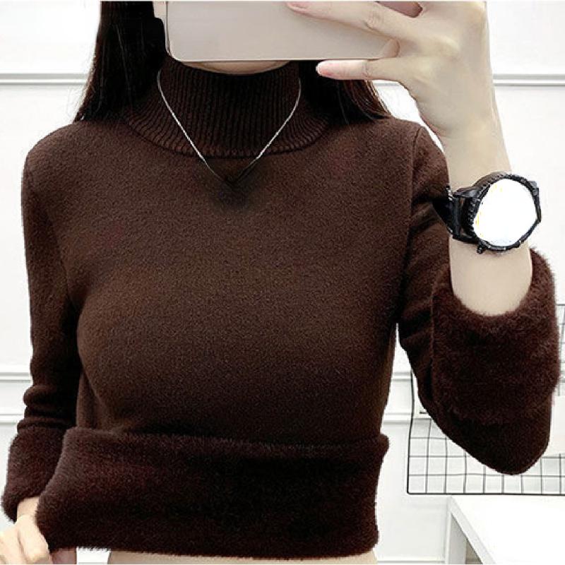 Pulover cald coreean Pulover Femei Iarna Subțire Îngroșare Pluș Căptușit din catifea Tricoturi Jumper Jumătate Gât țesut Poleras Topuri din tricot moale