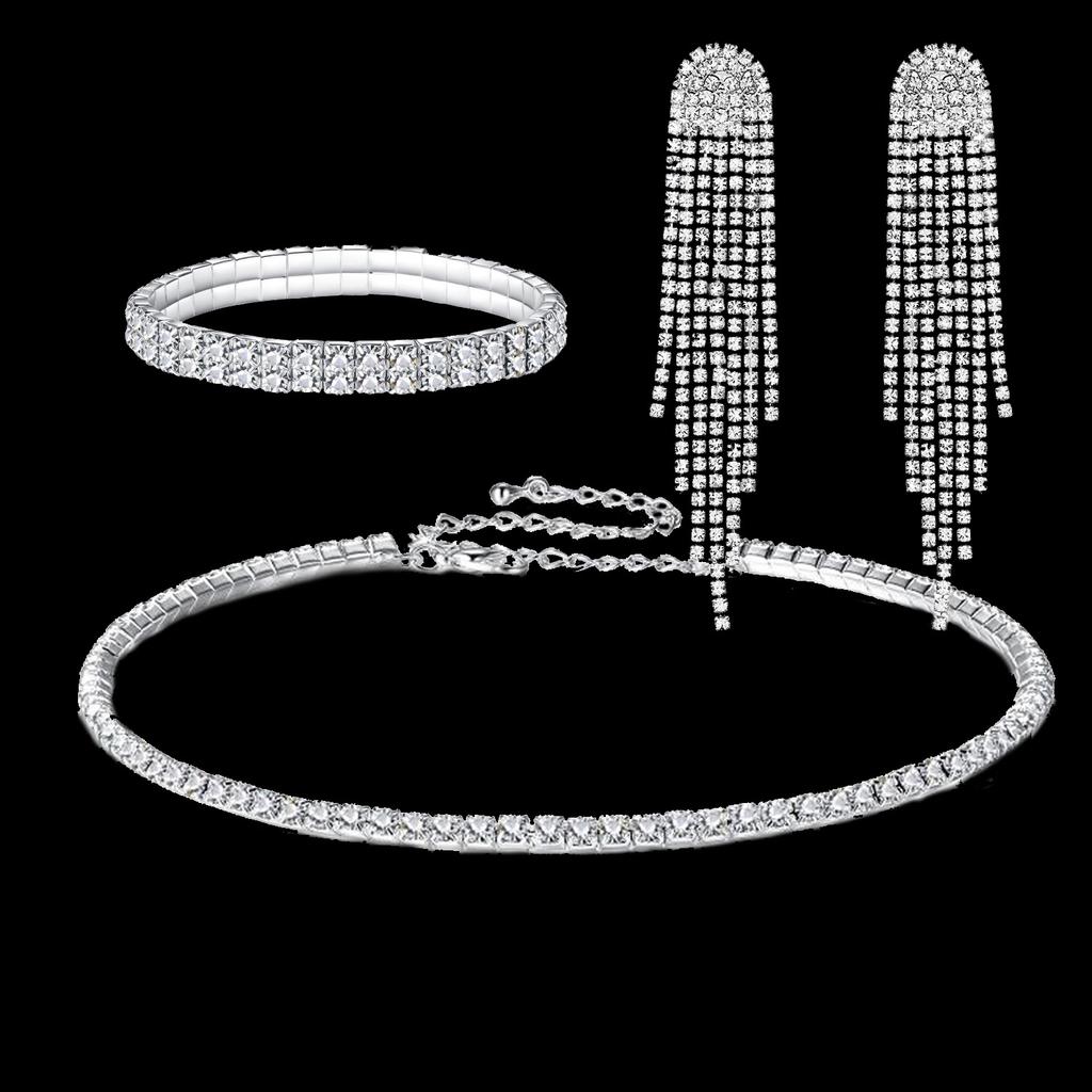 Luksusowy Prosty Naszyjnik z Cyrkoniami Długie Kolczyki Frędzle Bransoletka Trzyczęściowy Zestaw Biżuterii Ślubnej Akcesoria do Sukienki