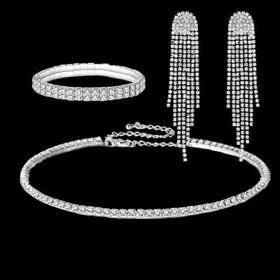 Luxury Simple Rhinestone Necklace Long Fringed Earrings Bracelet Three-piece Bridal Jewelry Dress Accessories