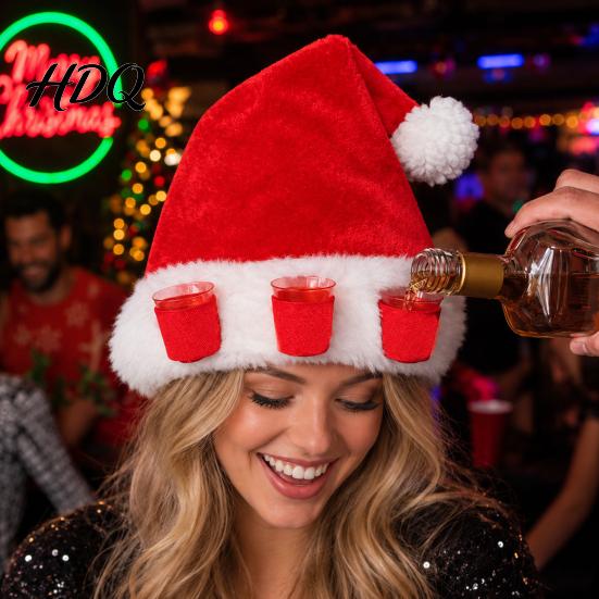 Plush Holiday Hat Christmas with Drink Holder Adults Velvet Santa Claus Soft Cap 3 Cups Red Xmas for New Year Party Holders