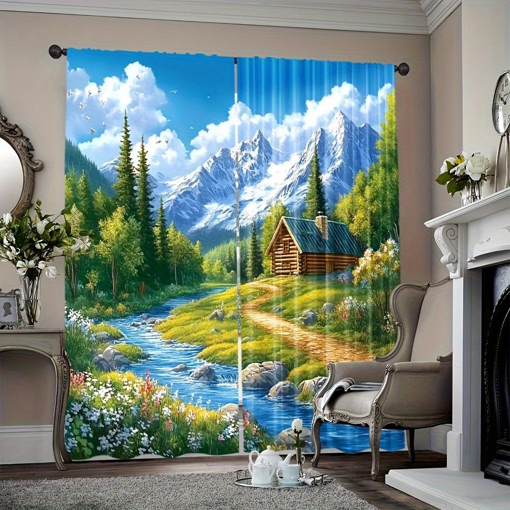 2pcs Blackout Curtains - Scenic Mountain Brook Landscape Print 100% Polyester, Rod Pocket Light Blocking Drapes for Bedroom Livi