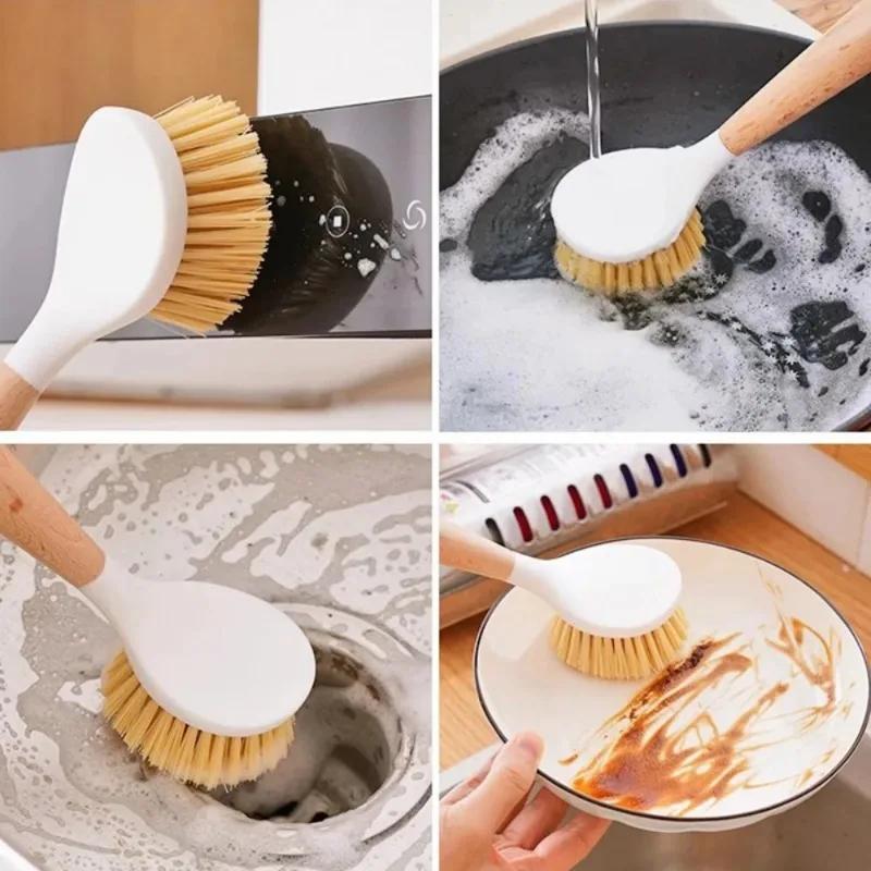 Wooden Handle Pot Brush Multi Functional Oil Resistant Scrubber for Pans Bowls Durable Non Scratch Kitchen Cleaning Tool Durable