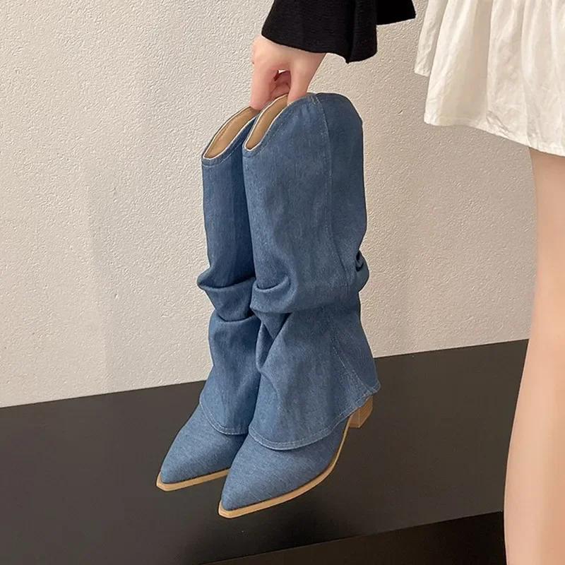 Luxury Designer Brand Pointed Cowboy Single Boots Women's Four Seasons Sleeve Non-Slip Wear-Resistant Square Heel Mid-Cone Boot