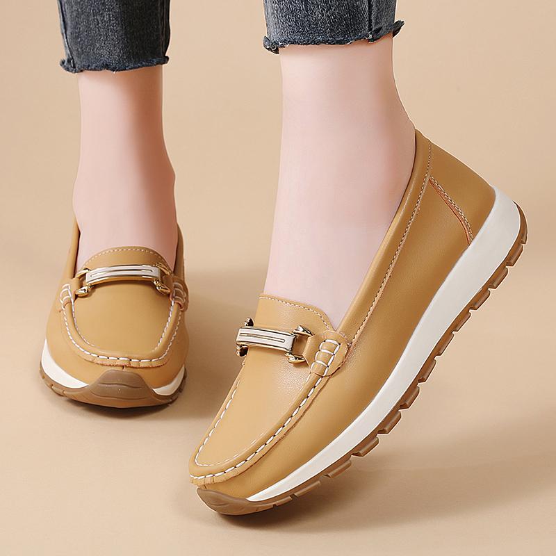 Pacecraft Shoes Women's Cowhide Loafers with Metal Buckle, Comfortable Casual Flat Shoes