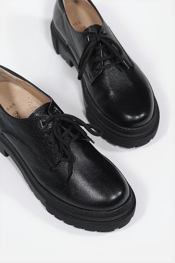 Women's Fashion Genuine Leather Thick Heeled Oxford Black Lace-up Oxford Shoes