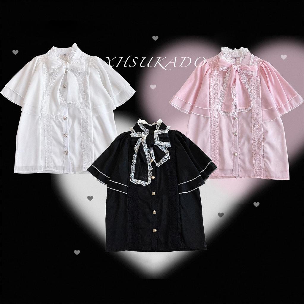 Sleeveless Blouse with Cute Ribbon and Ruffle Lolita Neat and Girly Lightweight Chiffon Pink [XHSUKADO] Women's Cape-Style Stand-Up Collar, Lace,