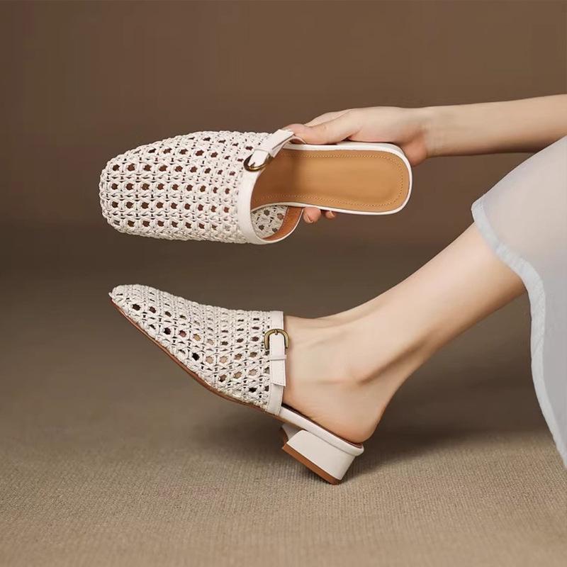 Retro fashion woven breathable hollow bag head half drag women's summer soft leather word with casual mesh shoes