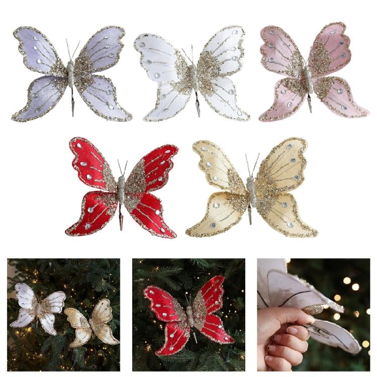 Shatter Resistant Glittering Butterfly Christmas Tree Ornament 25Cm Velvets Design Indoor Outdoor Holiday Party Decoration
