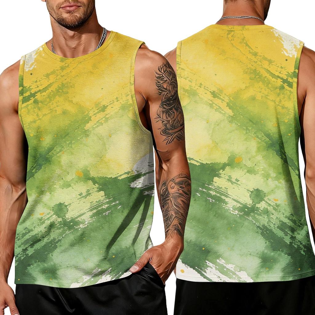 Men's Casual Sleeveless Tank Top Sport Breathable Lightweight Muscle Shirt with Abstract Ink Splash Print for Outdoor Gym Training