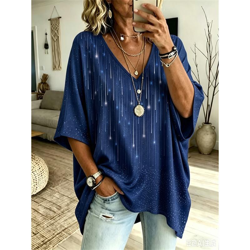 Camiseta Feminina Plus Size Gola V Manga Morcego Estampa Étnica Boêmia Top Solto Verão Confortável Respirável Uso Diário Casual Estilo Emagrecedor