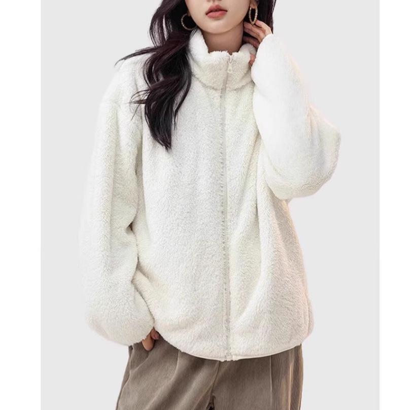 2026 Women's Casual Solid Coral Fleece Stand Collar Hoodie Jacket