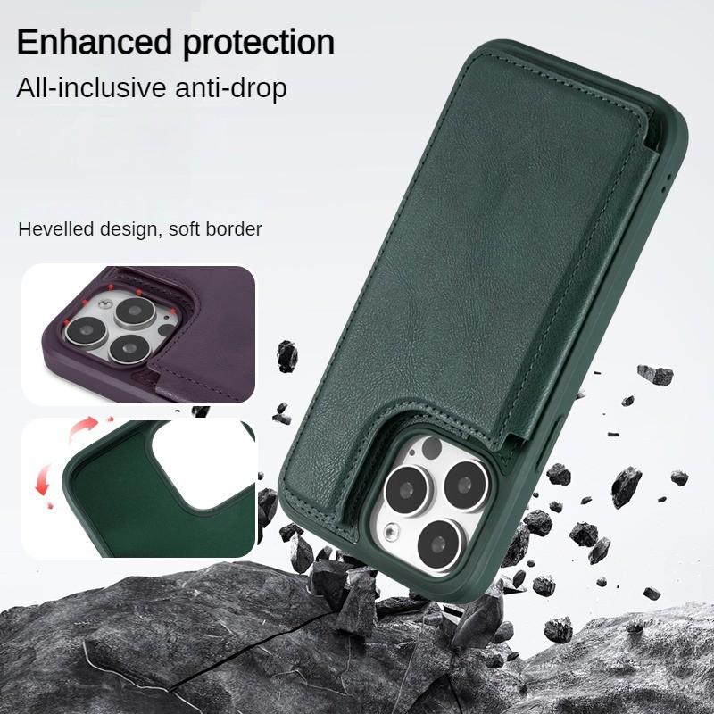 Bracket Holder Card Bag Kits Cowhide Leather Case For iPhone 15 Pro Max 14 Plus 13 Pro 12 Magnetic Wallet Stand Flip Phone Cover