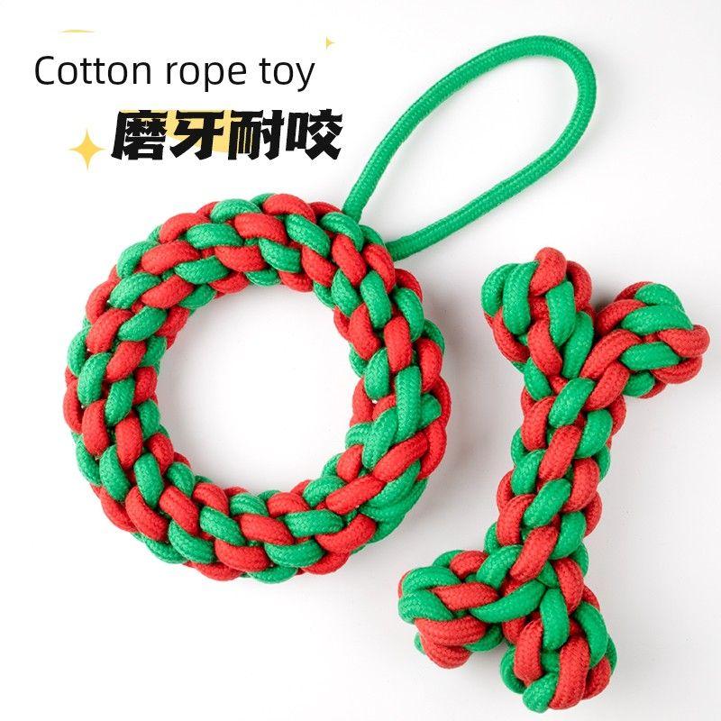 

Pet Supplies Dog Knot Toy Bite-Resistant Molar Teeth Cleaning Interactive Large Large Dog Cotton String Circle Bone Toy Red and green cotton rope bone ring