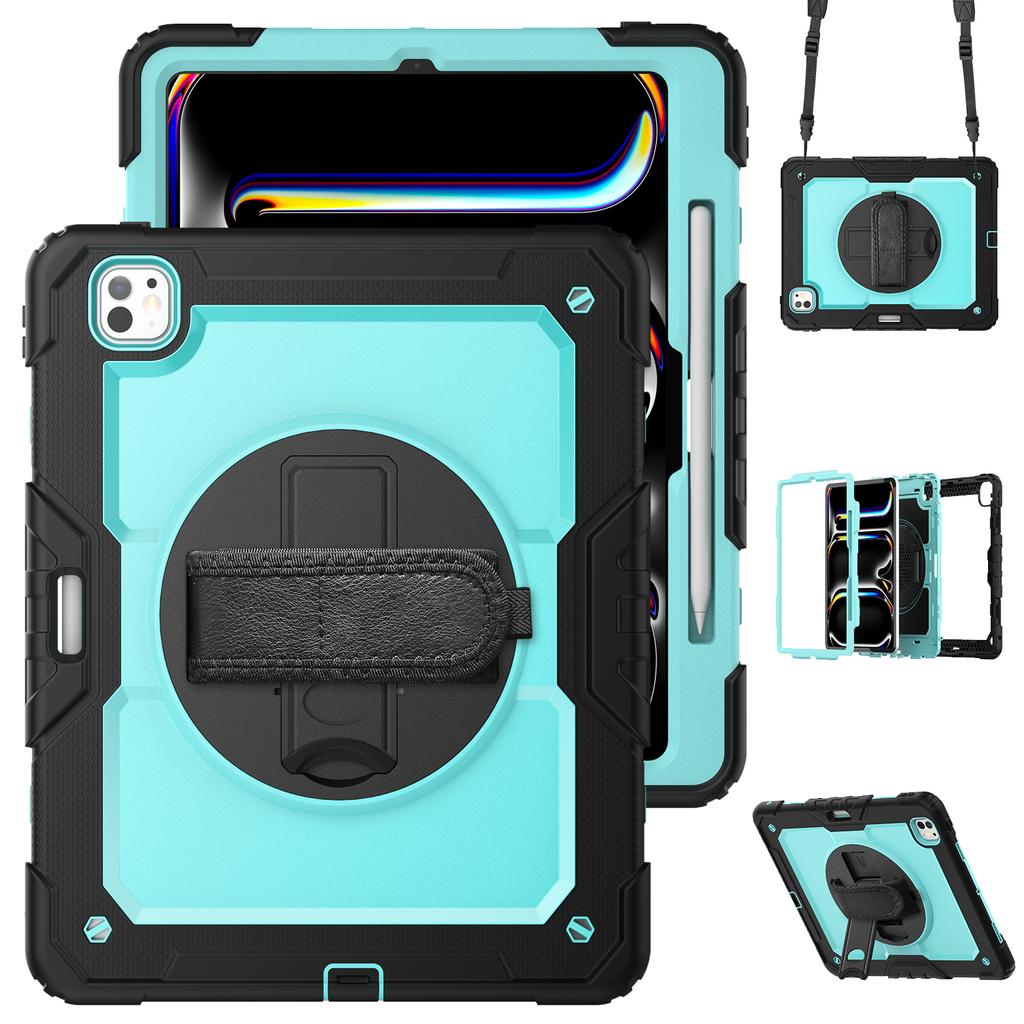 For iPad Pro 13 (2024) Kickstand Case PC+Silicone Tablet Cover with Screen Film/Shoulder Strap