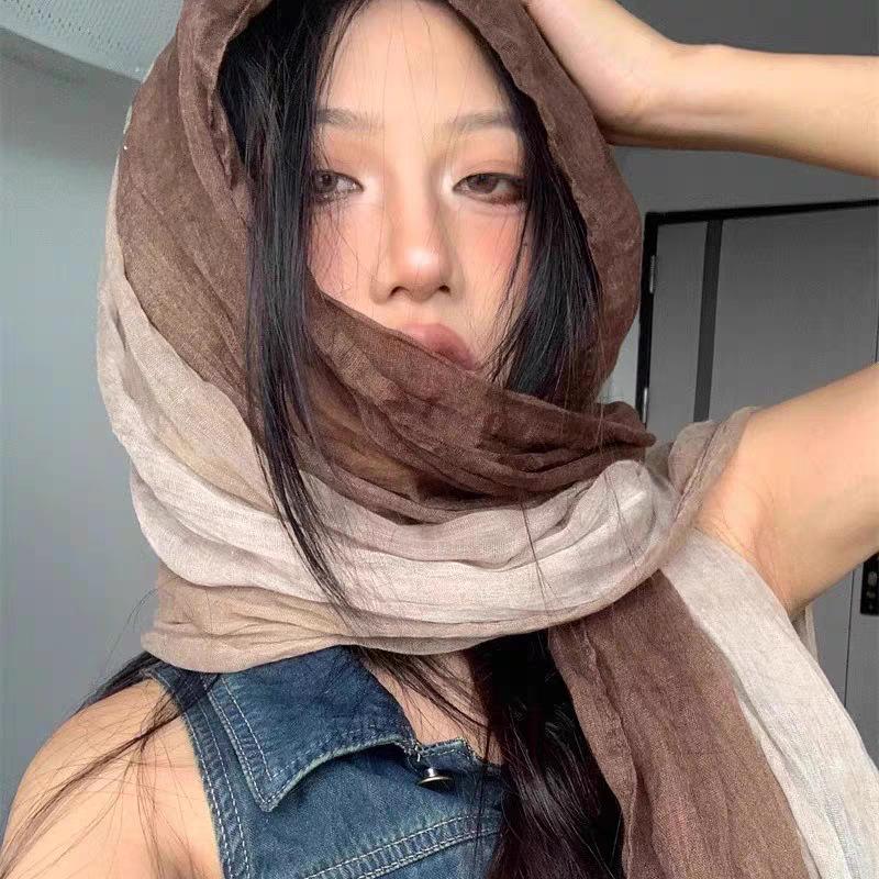 Ethnic Style Silk Scarf Female Wasteland Style Linen Fold Gradual Change Headscarf Desert Concave Shape Spice Girl Scarf Shawl