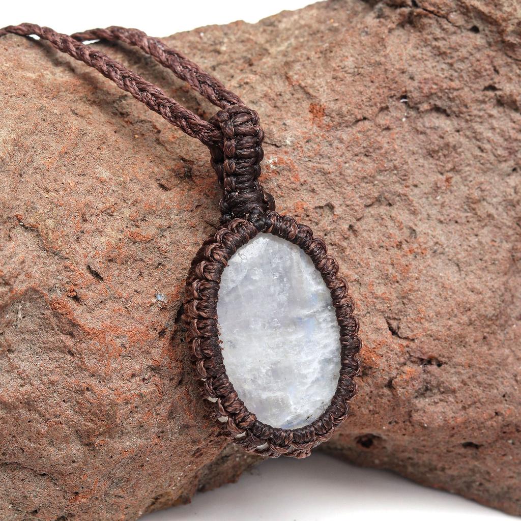 Moonstone Necklace Macrame Handmade Natural Bohemian Crystal Rainbow Healing