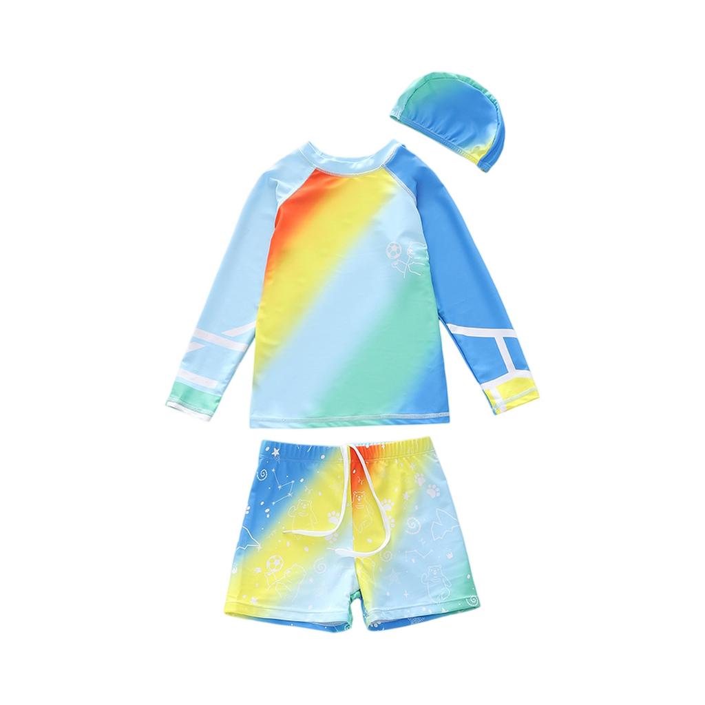 Boys Three Piece Swimwear Set Long Sleeve Rash Guard Swim Shirt Swim Shorts and Swim Cap Cartoon Print Lightweight Quick Dry