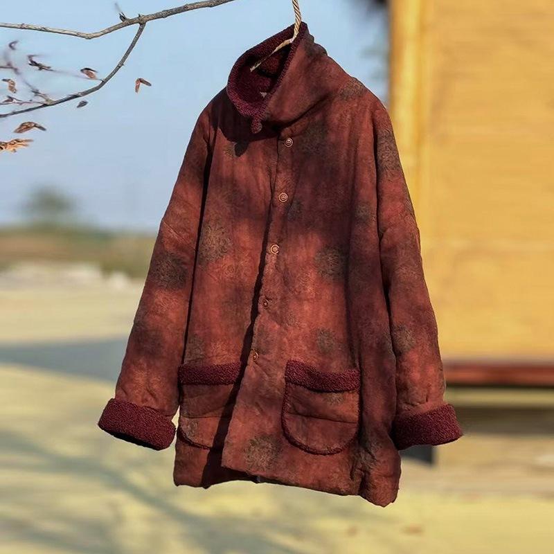 

Johnature Женские Винтажные Пальто с Цветочным Принтом на Пуговицах Зимние Пальто Карманы Теплые Пальто в Китайском Стиле One Size