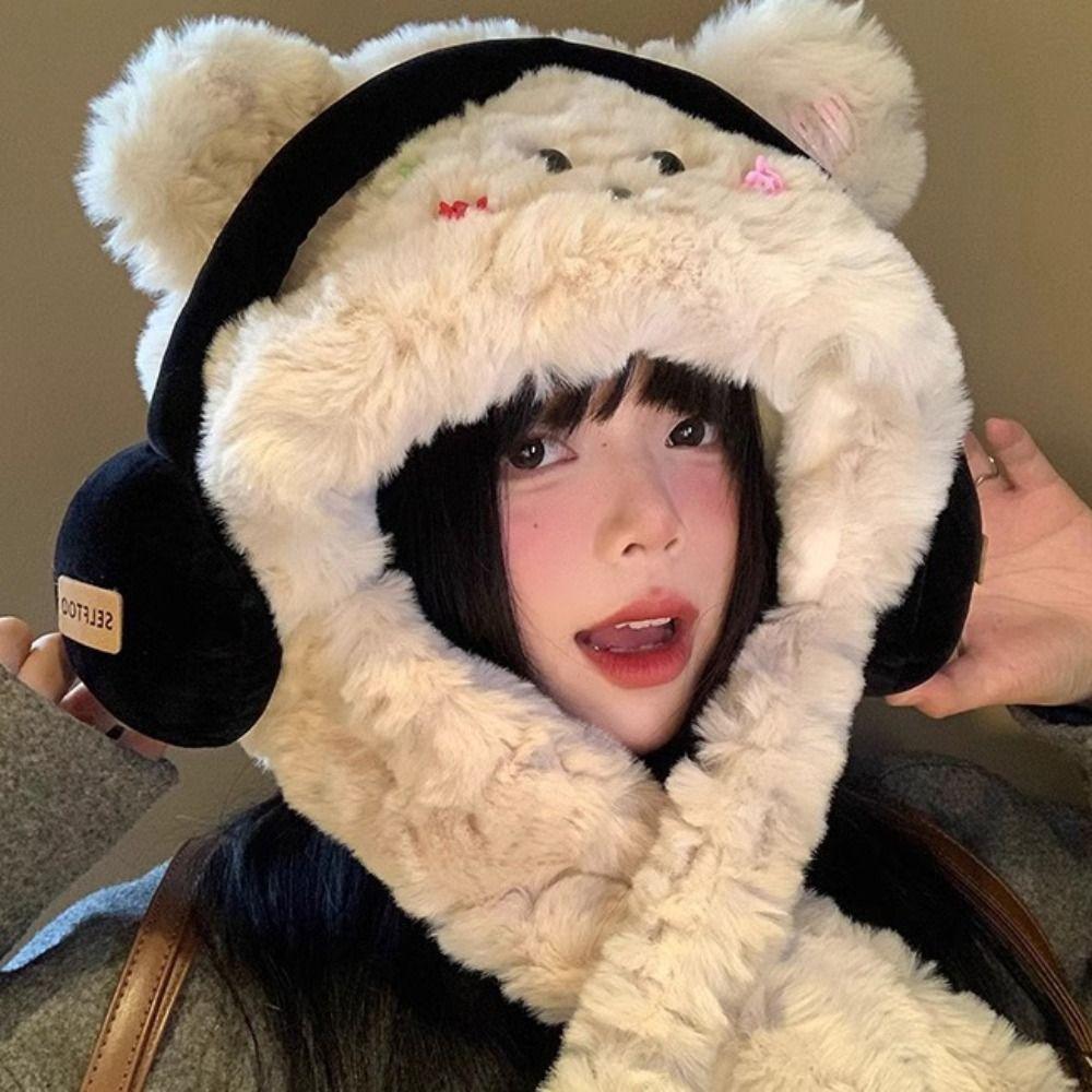 

Soft Plush Bear Scarf Warm Puppy Hat with Headphone Cartoon Ski Grey Without A Face