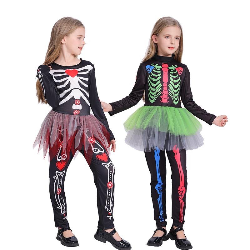 Halloween Kids Skeleton Bodysuit Dress Colorful Bone Costume Girls Cosplay Outfit Party