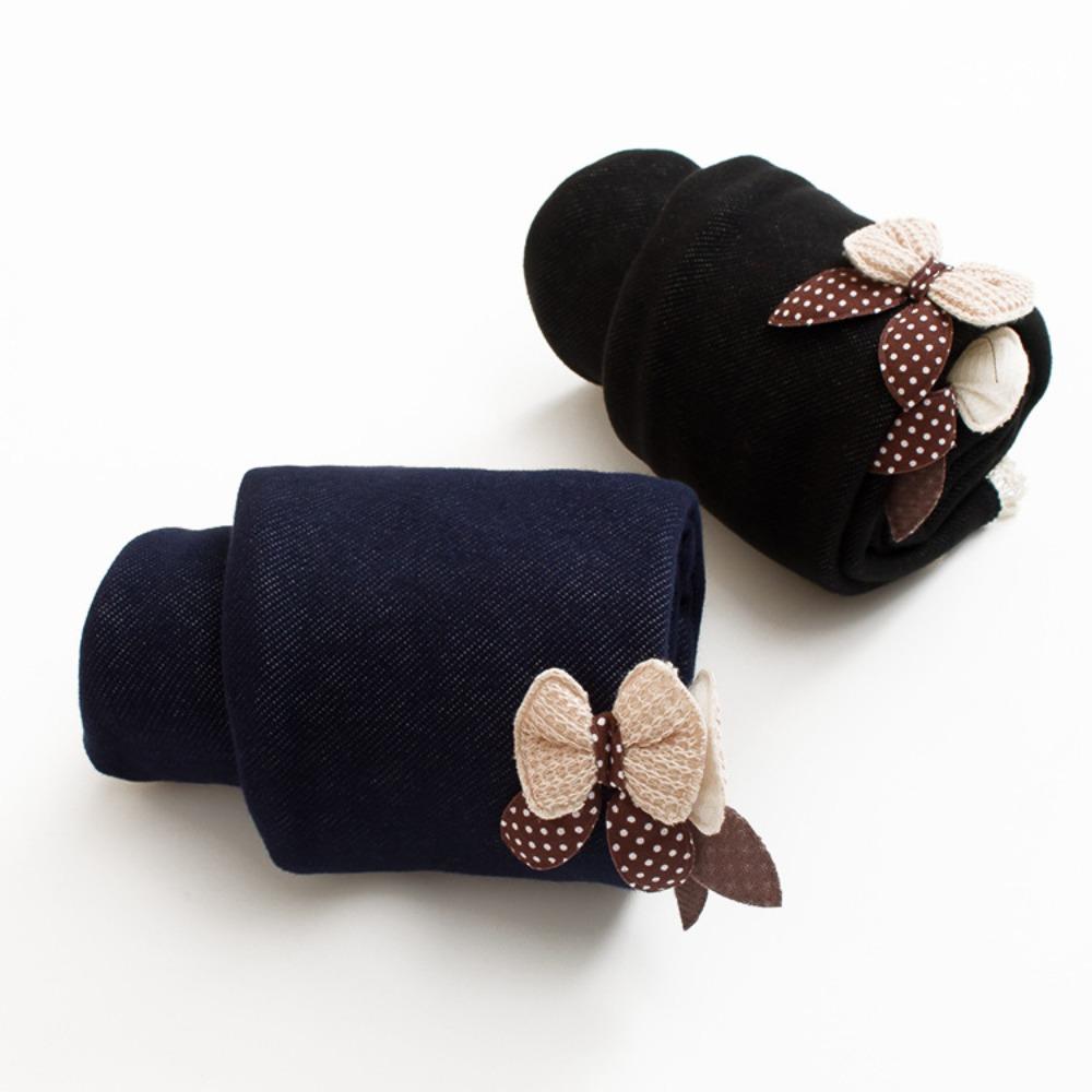 Girls' Cute Bow Denim Leggings with Fleece Lining - Thickened Warm Casual Long Pants Fall/Winter Pants