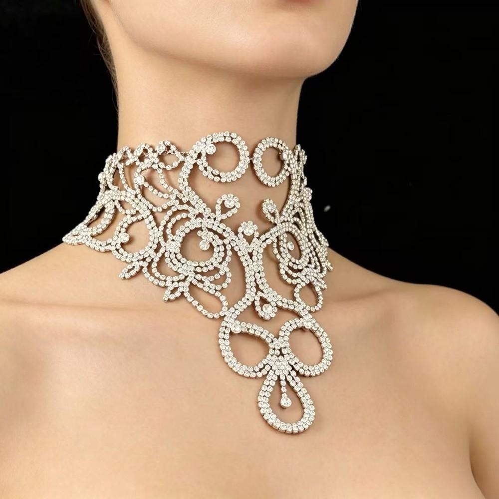 Gold Silver Rhinestone Necklace Luxurious Choker Necklace Fashionable Wedding Necklace  for Women