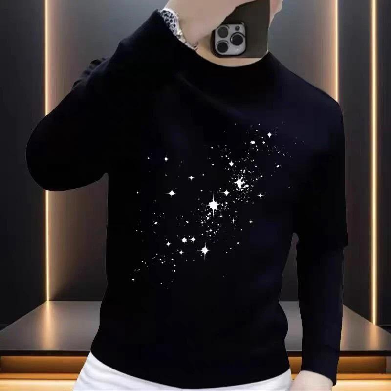 Men's Slim Fit Star Print Round Neck Hoodie - Trendy Korean Autumn/Winter Style, Fashionable Long Sleeve Top