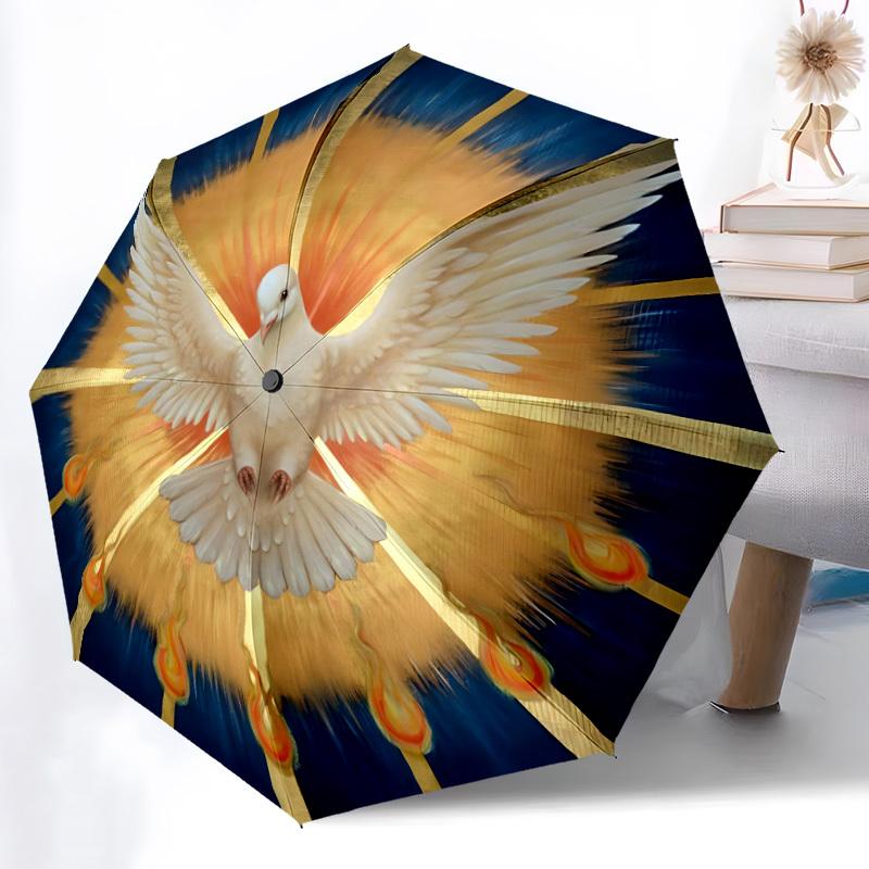 

1pc Holy Spirit Dove Automatic Folding Umbrella with White Dove & Golden Flame Design - Automatic Open/Close, 8-Rib Compact Po (as the picture,Iron&8K)