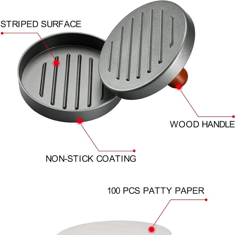 Stainless Steel Burger Press with Wood Handle – Non-Stick Patty Maker + 100 Patty Papers