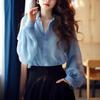 Chic Korean-Style Blue Chiffon Long Sleeve Women's Blouse