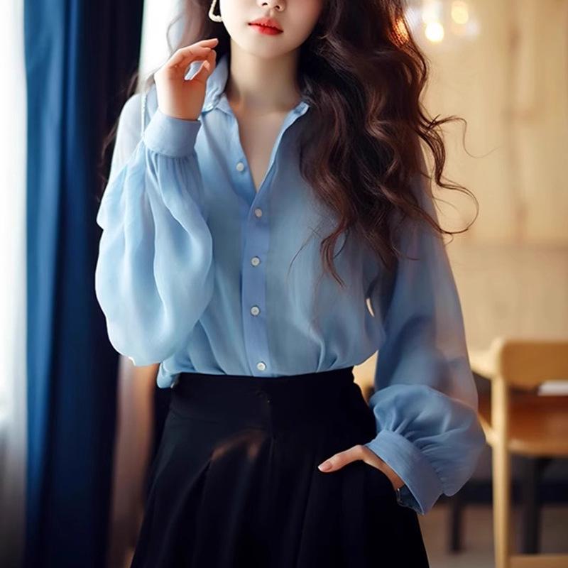 Chic Korean-Style Blue Chiffon Long Sleeve Women's Blouse