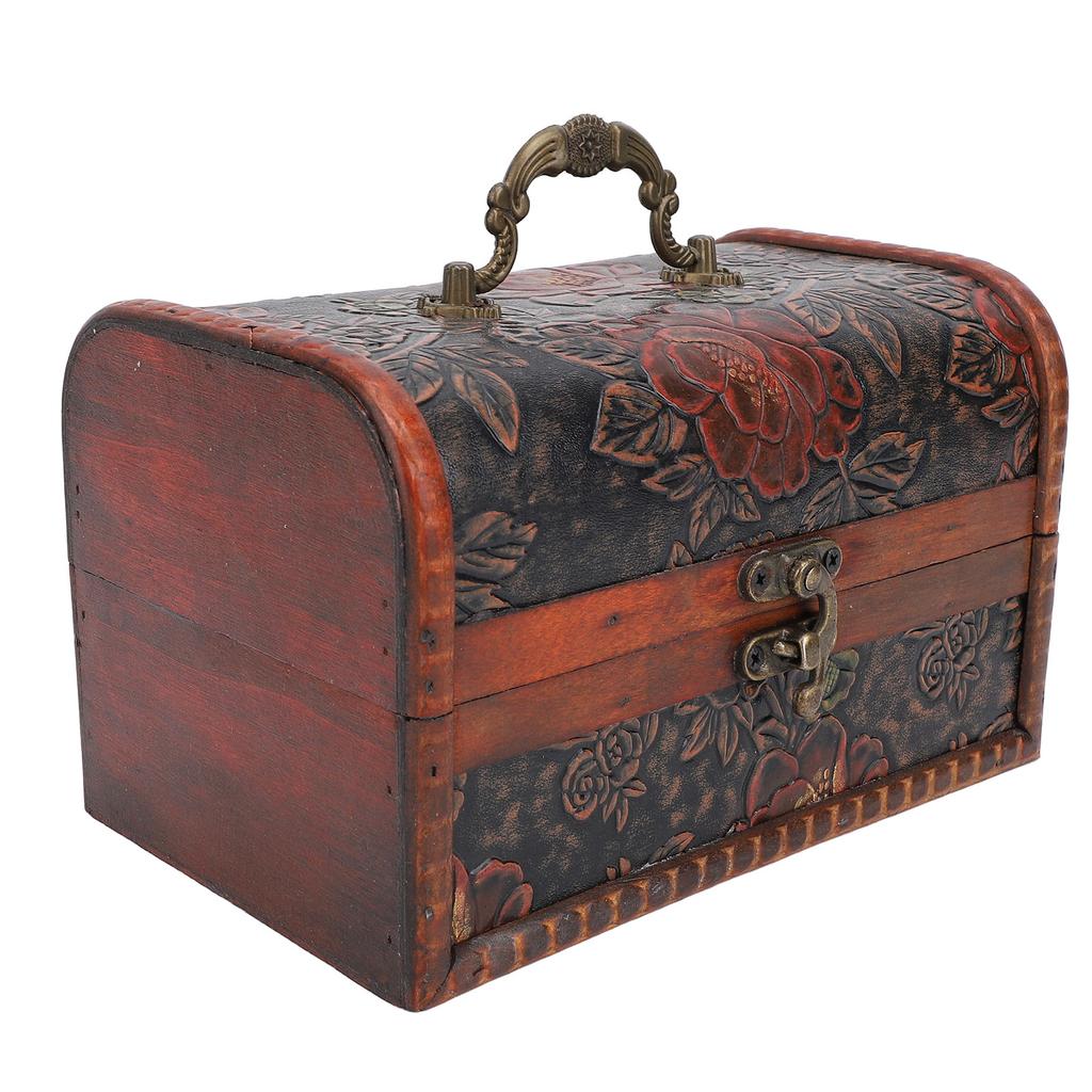 Vintage Wooden Jewelry Box Retro Treasure Chest Trinket Case with Handle Keepsake Decorative Box