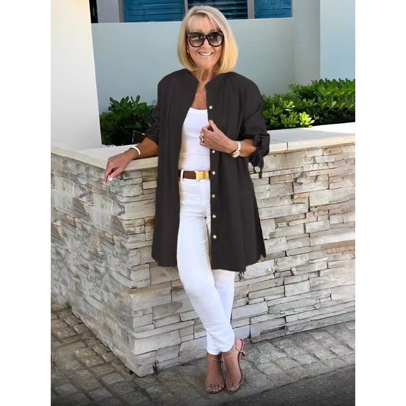

Stand up Collar Tie up Long Slim Shirt Lapel Cardigan Pure Color Long Sleeves Cotton Shirt Black 2XL