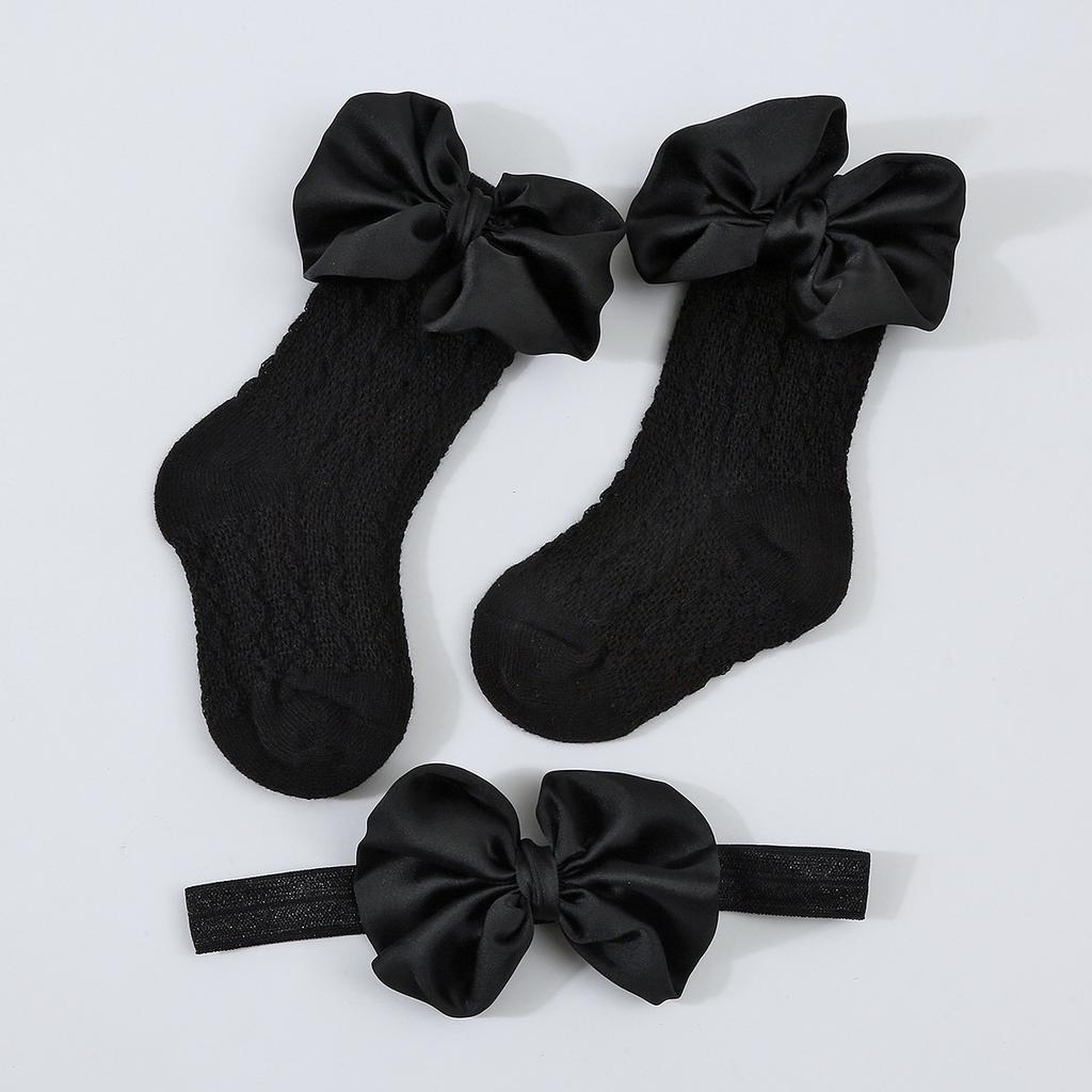 1Set Neugeborenen Big Bowknot Stirnbänder Aushöhlen Lange Socken Neue Baby Weiche Feste Prewalker Socke Mädchen Infant Gestrickte Haarband Socken
