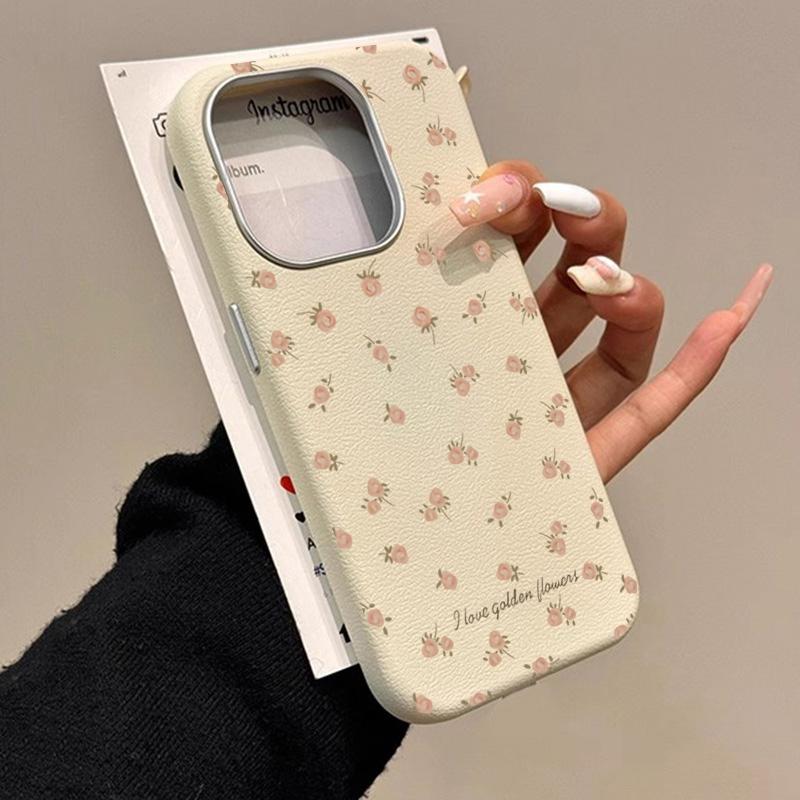 Pink Flowers Leather Pattern Phone Case For iPhone 16 15 14 Pro Max 13 12 11 XS X XR 7 8 16 Plus SE 2022 Shockproof Soft Cover