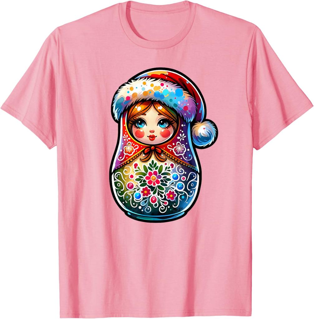 Christmas Matryoshka Doll Graphic Tee Breathable Short Sleeve Casual Round Neck T-Shirt