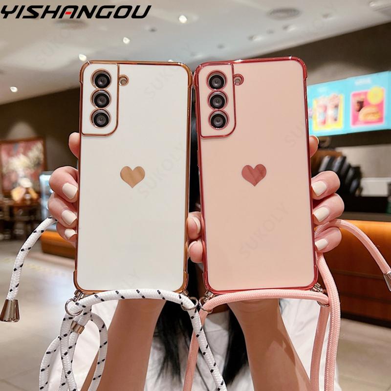 Crossbody Strap Cord Phone Case For Samsung Galaxy S25 S23 S24 Ultra S24 FE A35 A15 A16 A55 A54 5G Plating Heart Lanyard Cover