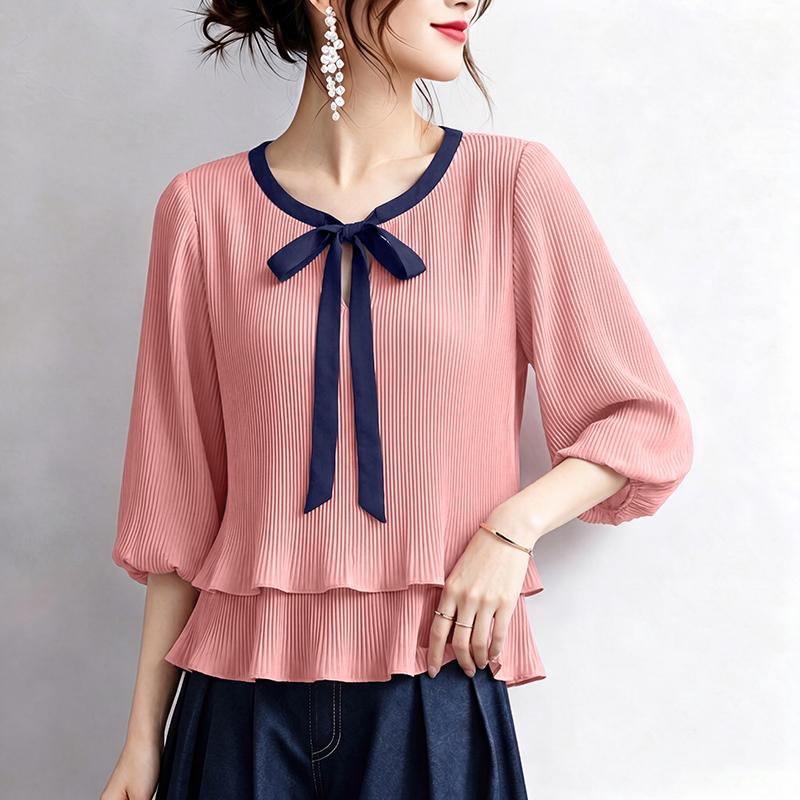 ZANZEA Women Elegant Casual Round Neck 3/4 Sleeve Loose Pleated Blouse