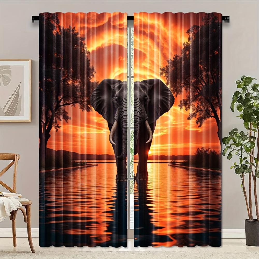 2pcs   Elegant Elephant Sunset Water Reflection Artwork Pattern Curtains Light Filtering Polyester Rod Pocket Design for Bedroom