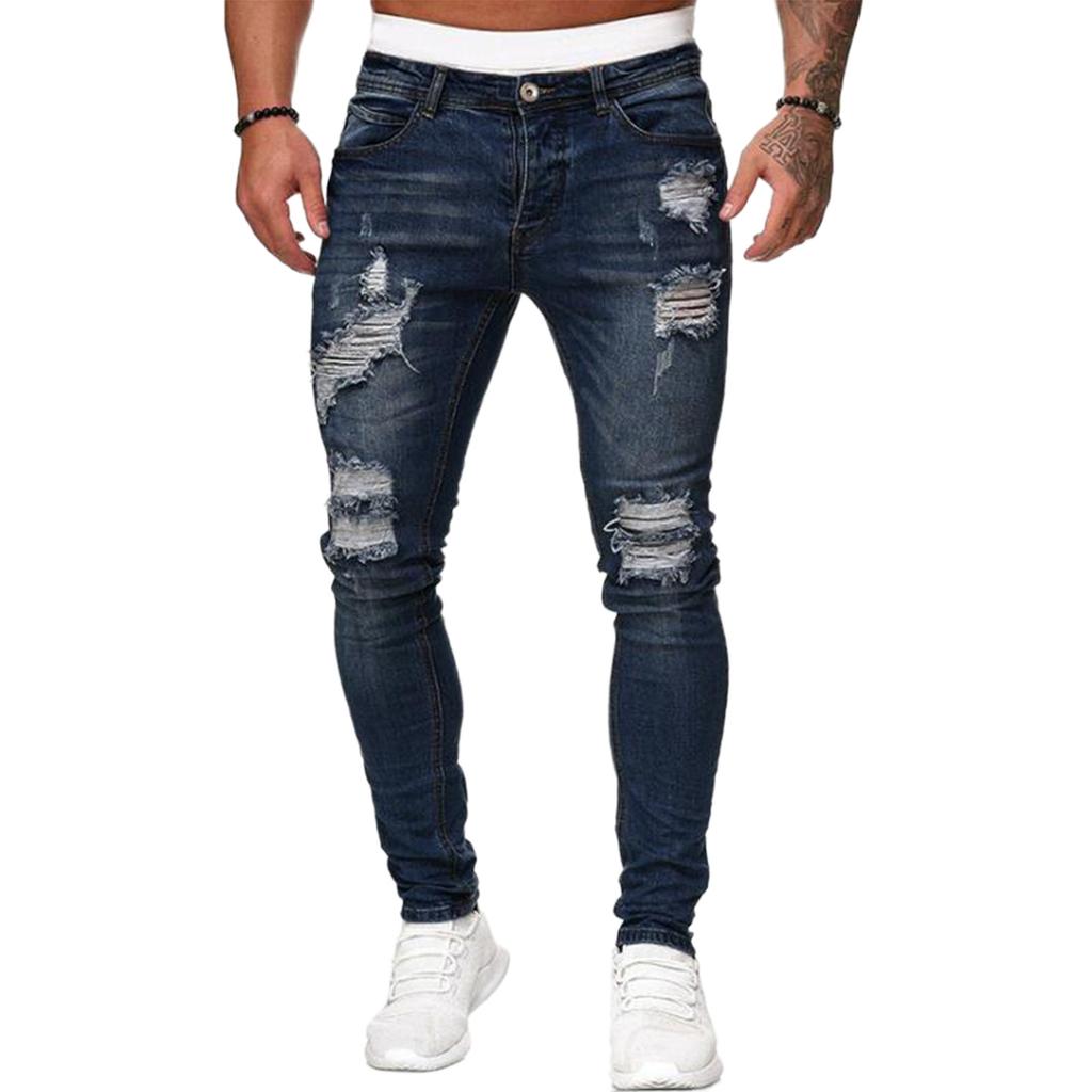 Men Slim Fit Distressed Denim Jeans Casual Ripped Style Fashionable Straight Leg Five Pocket Design Trousers Pants