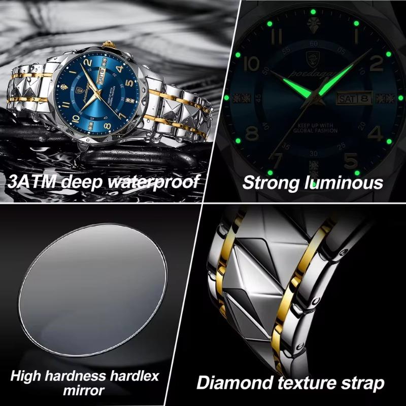 POEDAGAR Luxury Man Wristwatch Waterproof Luminous Date Week Watch Sport Stainless Steel Quartz Watches Male reloj+box