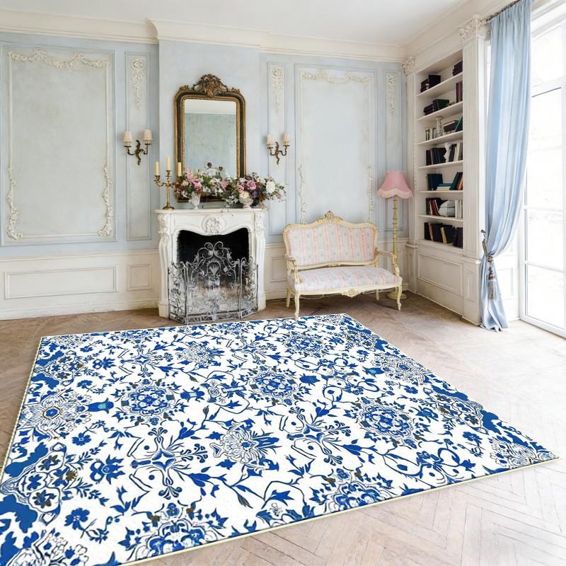 Modern Blue White Geometric Area Rug Bohemian Tribal Print For Kitchen Dining Room Living Room Home Decor