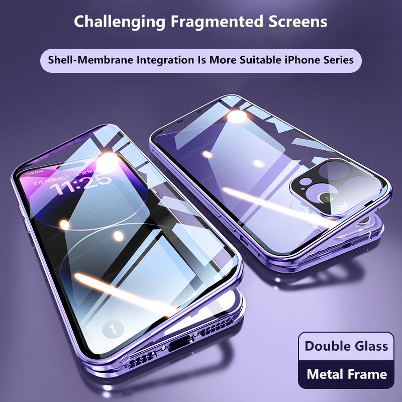 360 Double Sided Glass Magnetic Adsorption Metal Phone Case For iPhone 16 15 14 13 12 11 Pro Max Plus Full Camera Lens Protector Cover
