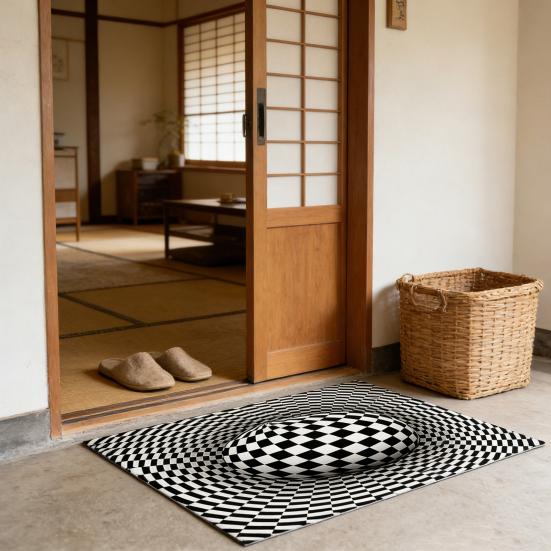 3D Vortex Optical Illusion Rug Vision Vertigo Area Rug Realistic Vortex Black And White Doormat Non-Slip Floor Mat for Living Room Bedroom Entrance